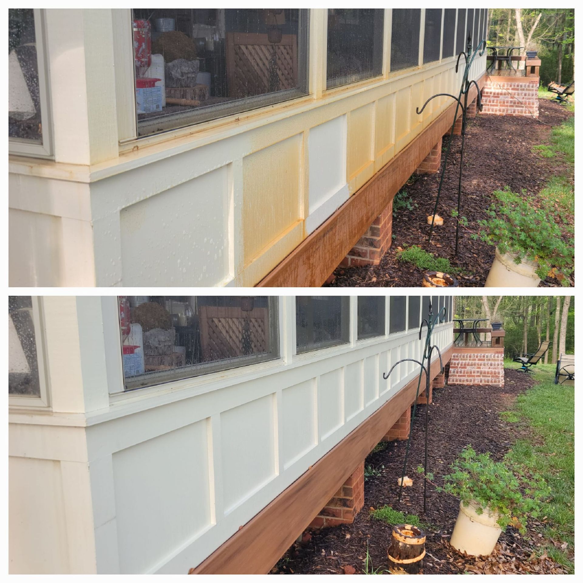 Comparison of a porch before and after cleaning. Light-colored trim shows significant difference after being washed.