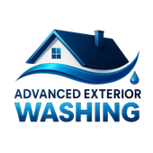 Logo for Advanced Exterior Washing: house with blue roof, water droplet, waves, and company name.