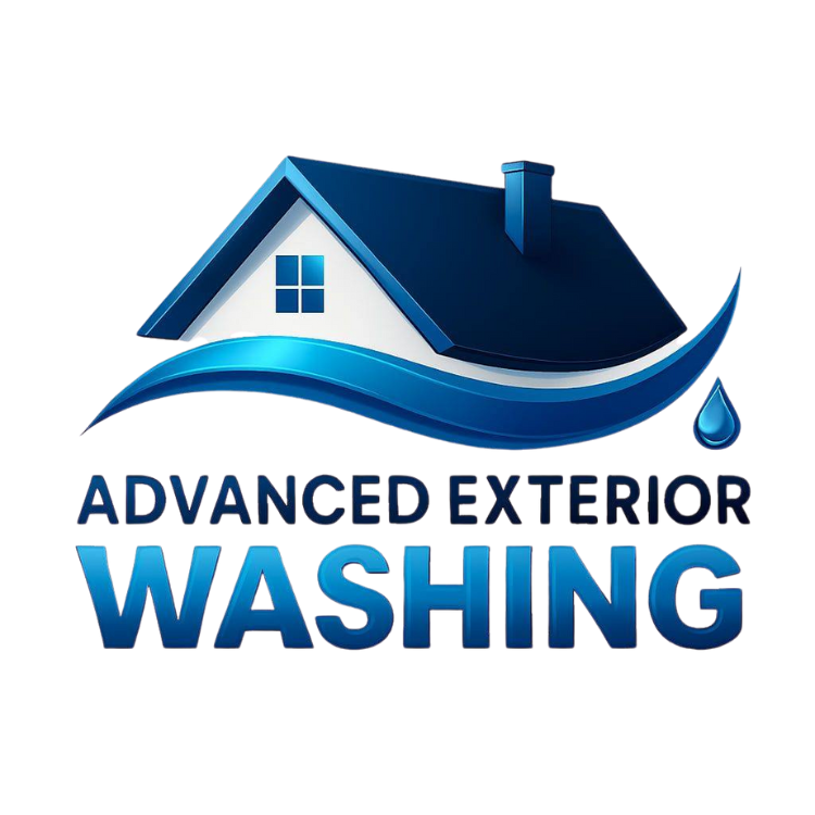 Logo for Advanced Exterior Washing: house with blue roof, water droplet, waves, and company name.