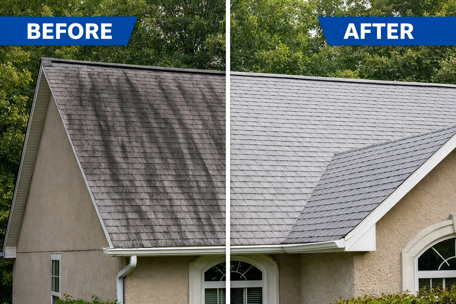 Residential asphalt roof showing dirty black streaks compared with clean shingles