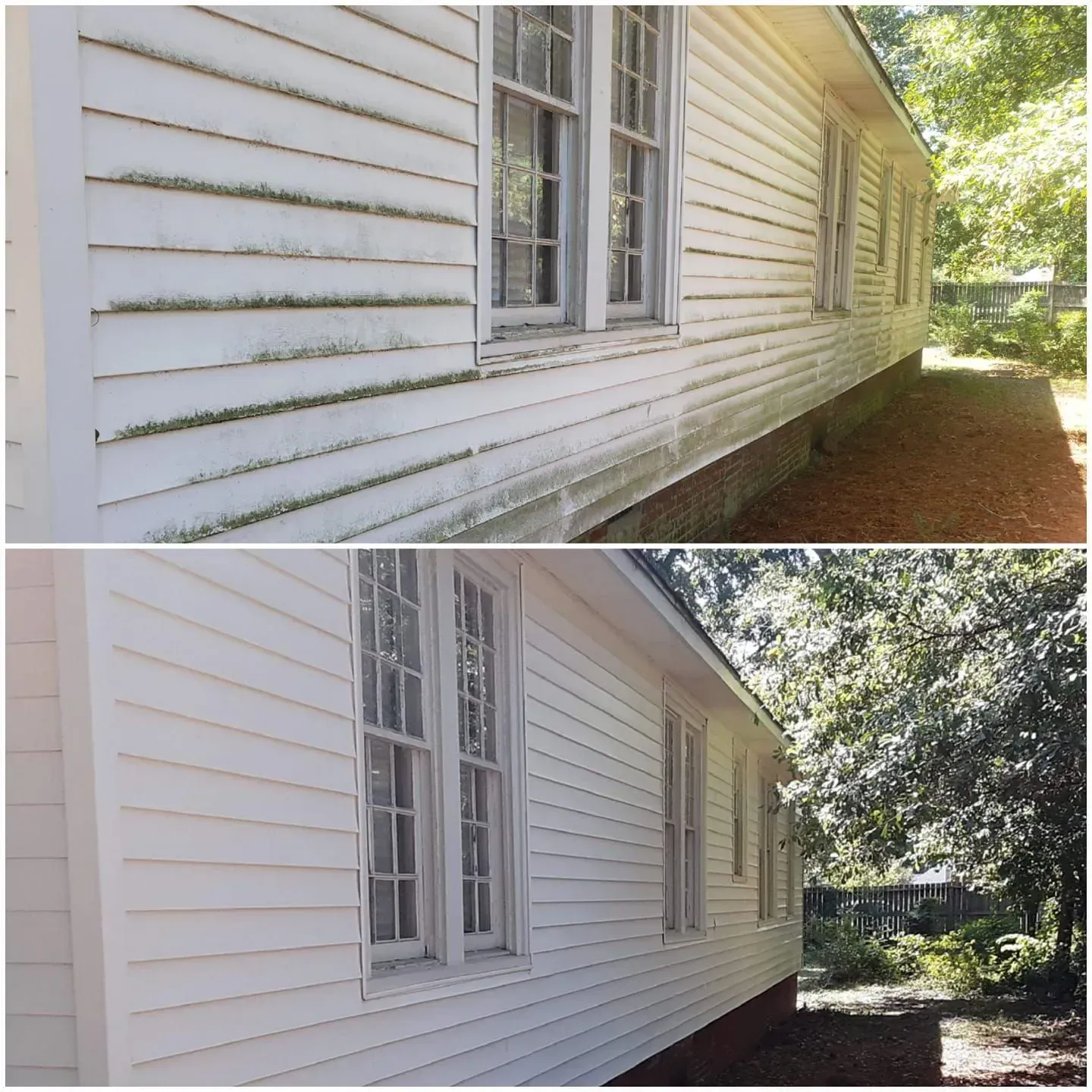 Before and after comparison of white house siding, showing the cleaning process.