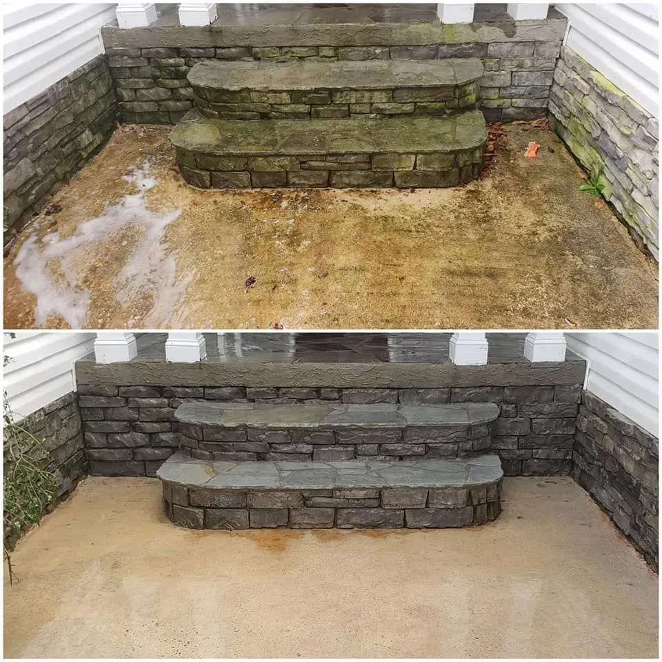 Before and after of a stone staircase and porch cleaned with a pressure washer.