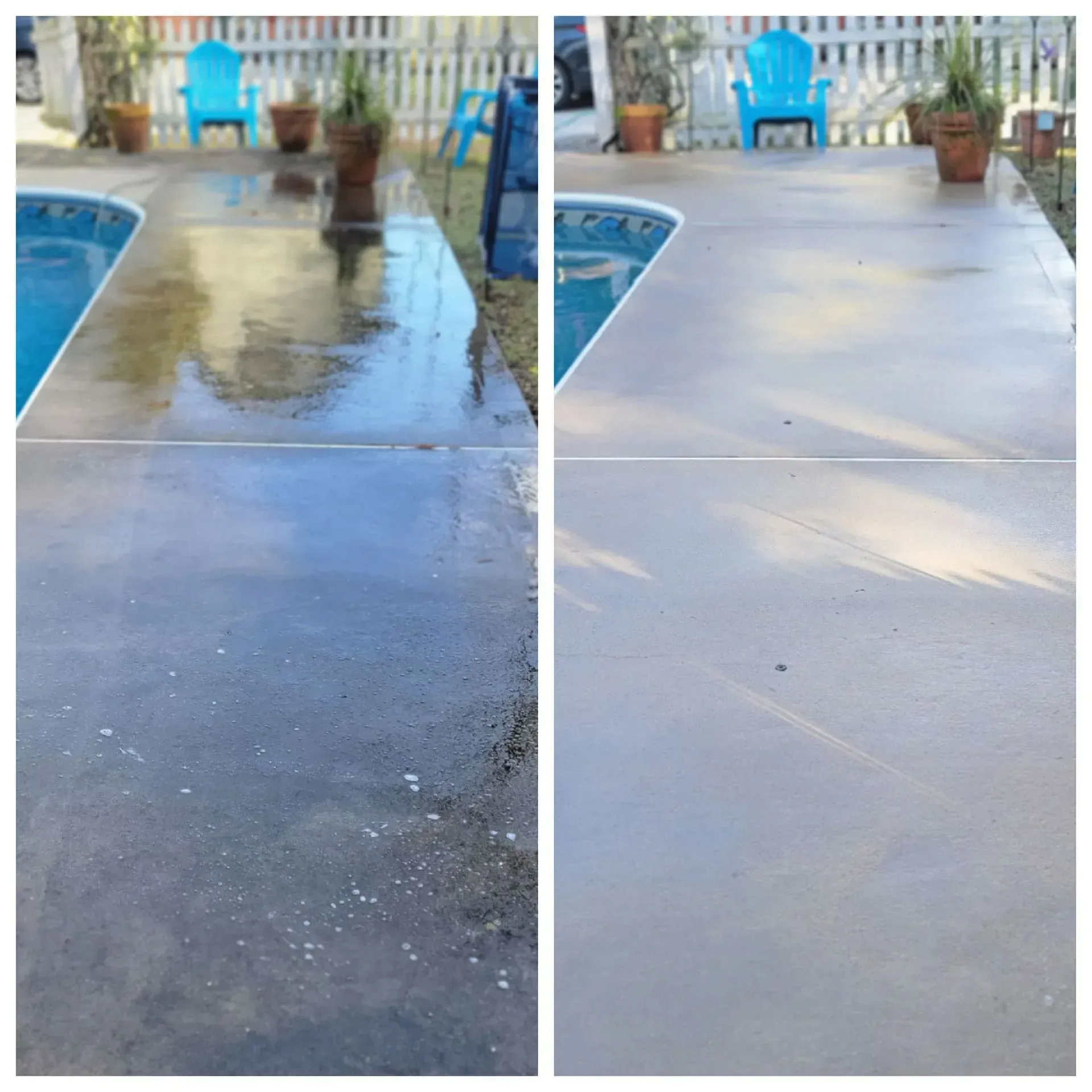 A side-by-side comparison of concrete before and after pressure washing, by a pool.