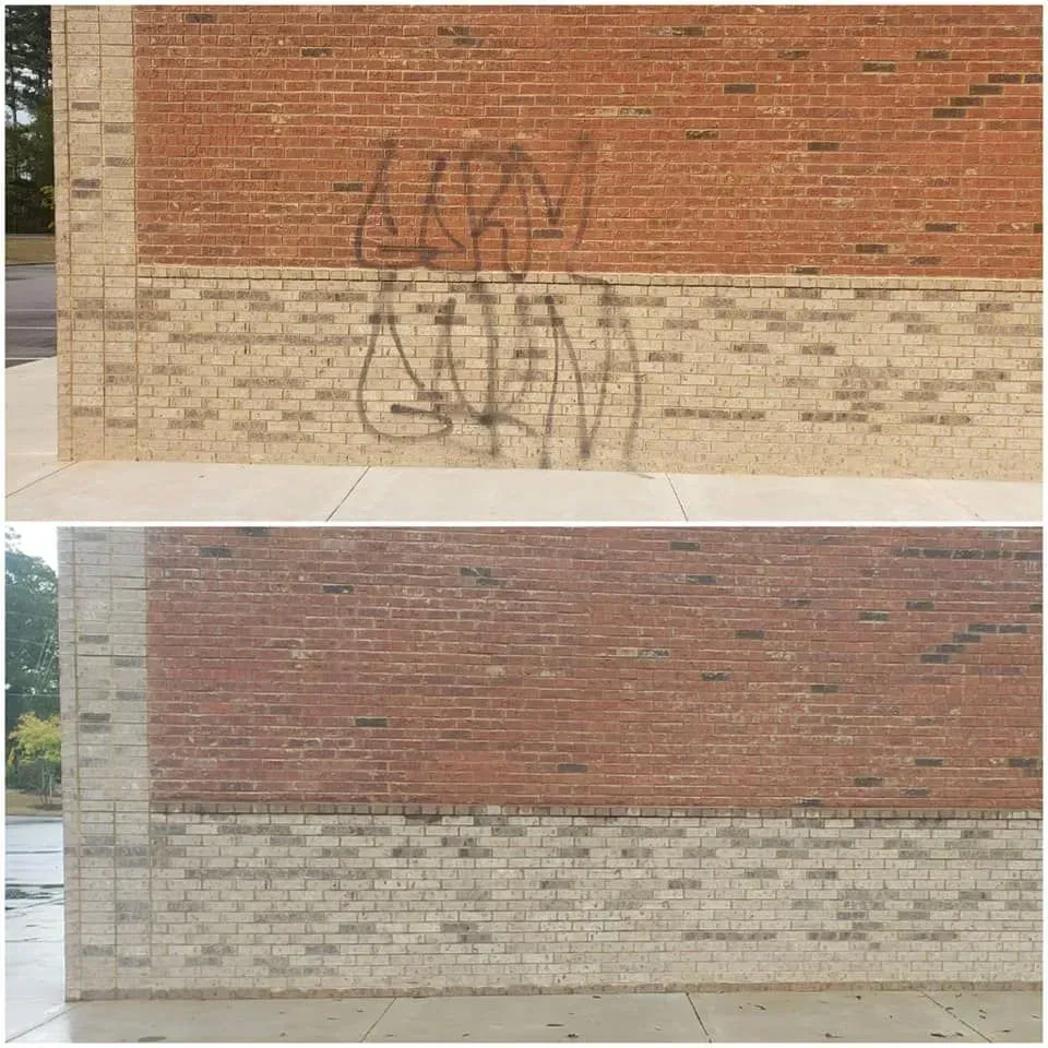 Two images: a brick building with graffiti, and the same building after graffiti removal.