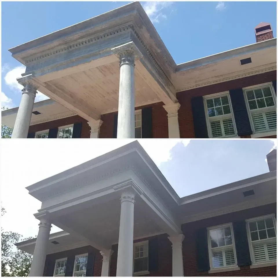 Before and after view of house porch with white columns, repainted.
