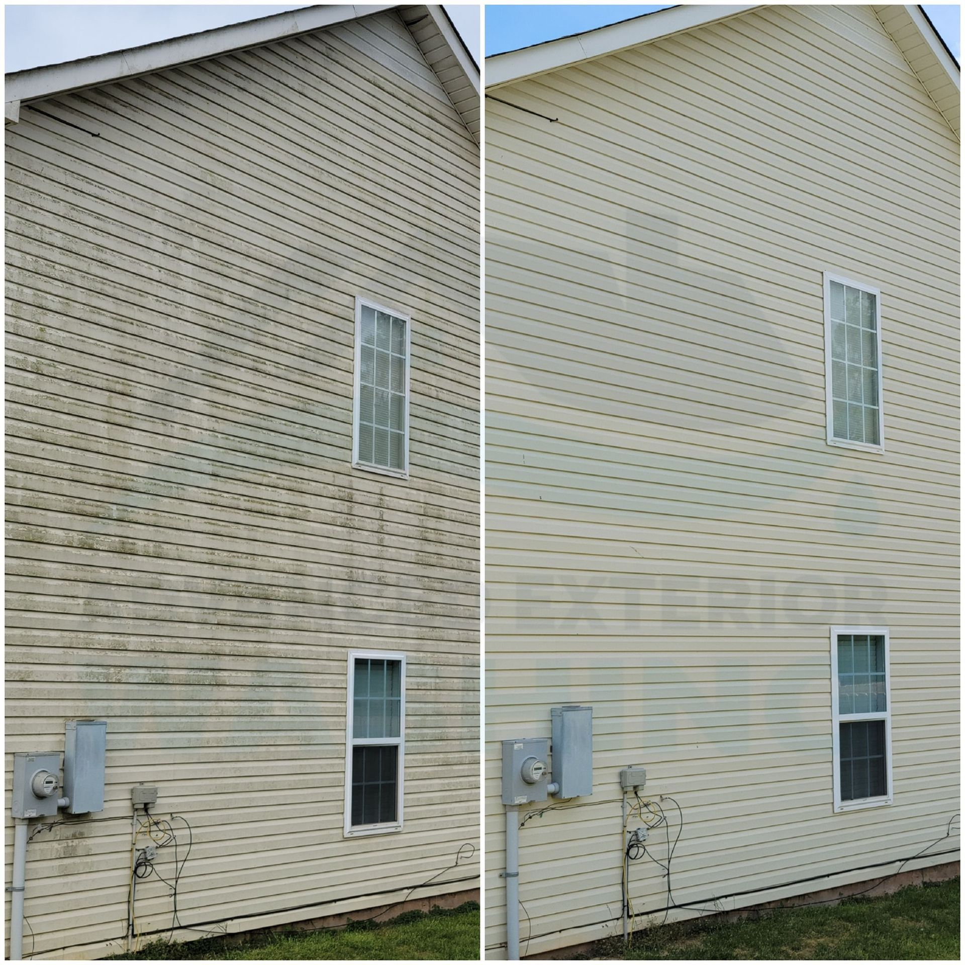 Side-by-side view: dirty beige siding on the left is cleaned to a lighter color on the right.