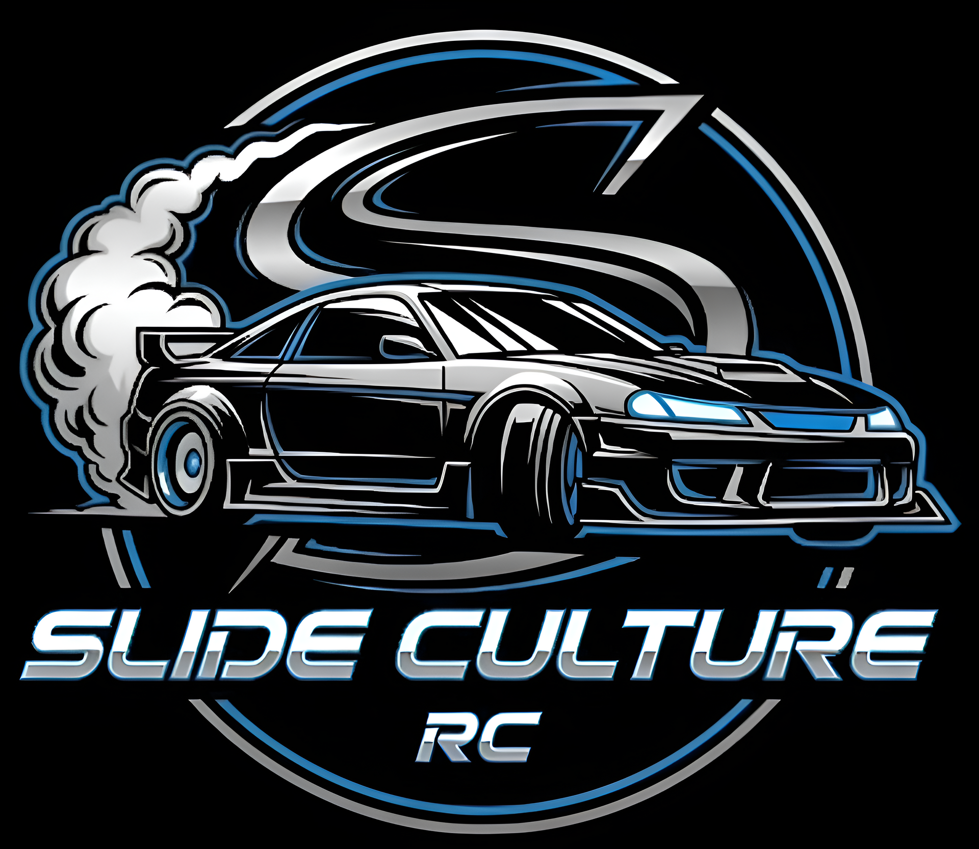 Logo for Slide Culture RC: drifting sports car with smoke,