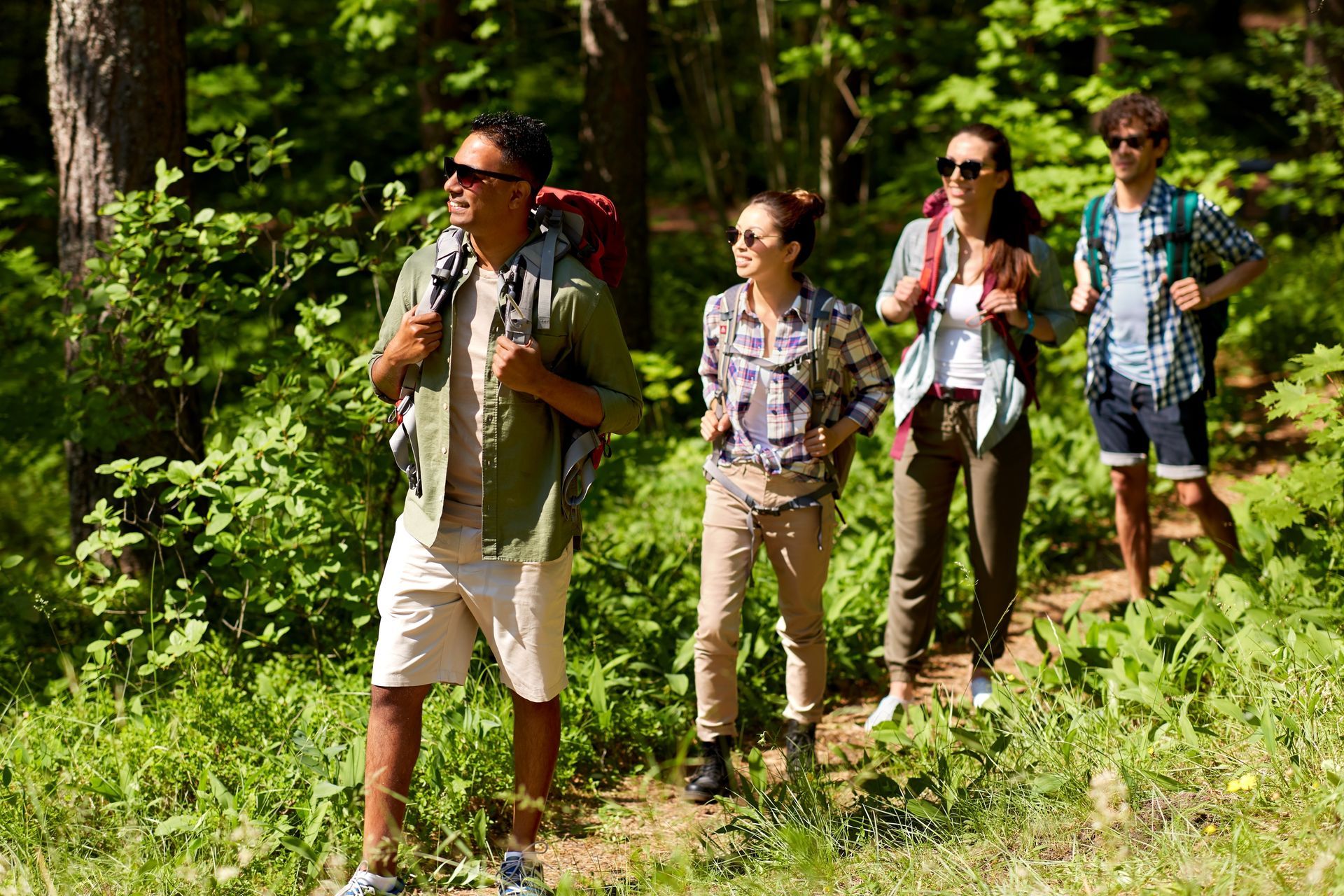 A group of people are hiking in the woods.