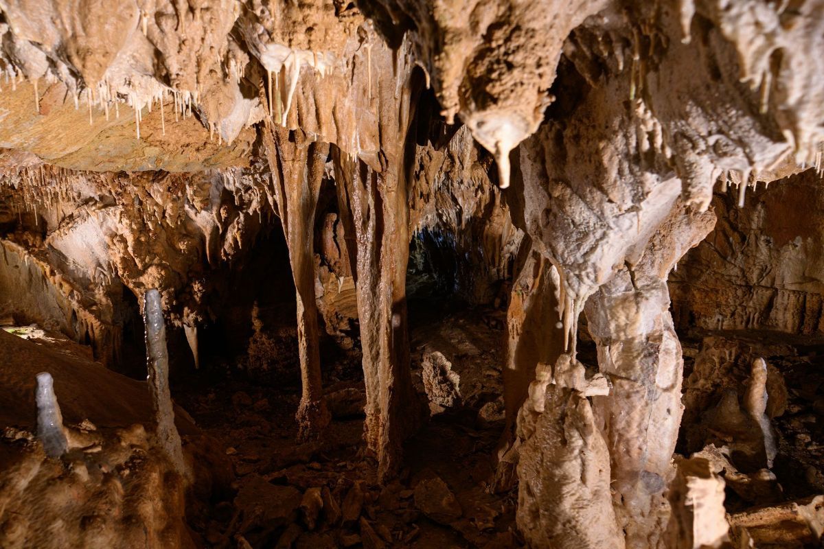 A cave with a lot of stalagmites and stalactites hanging from the ceiling.