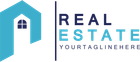 Real estate logo with blue house icon and text on white background.