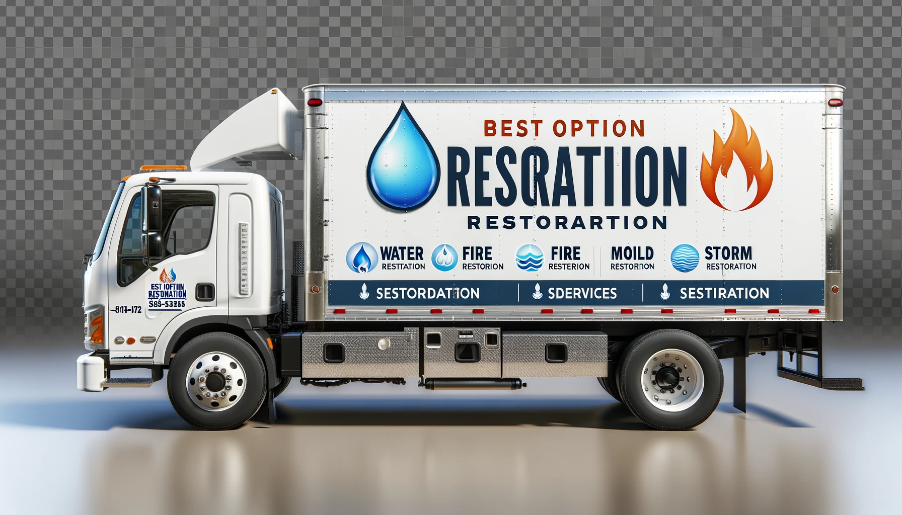 A white truck with the word restoration on the side of it.