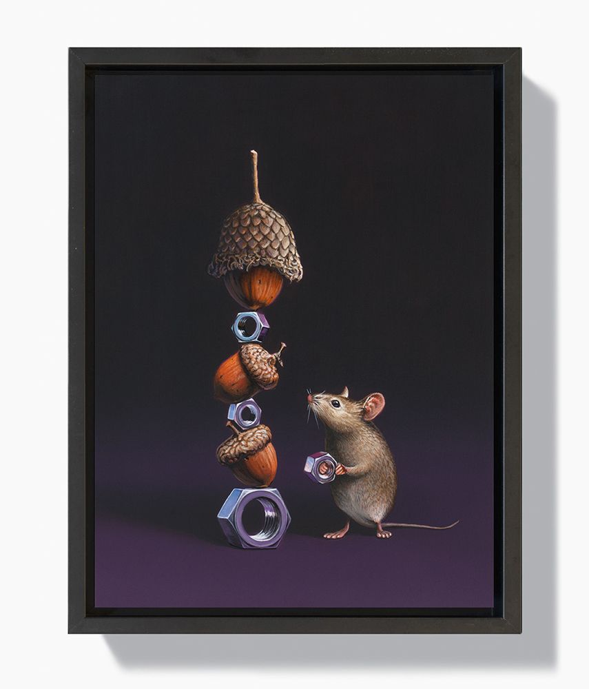 inquire for availability Painting of a mouse stacking alternating acorns and metal nuts on a dark purple background.