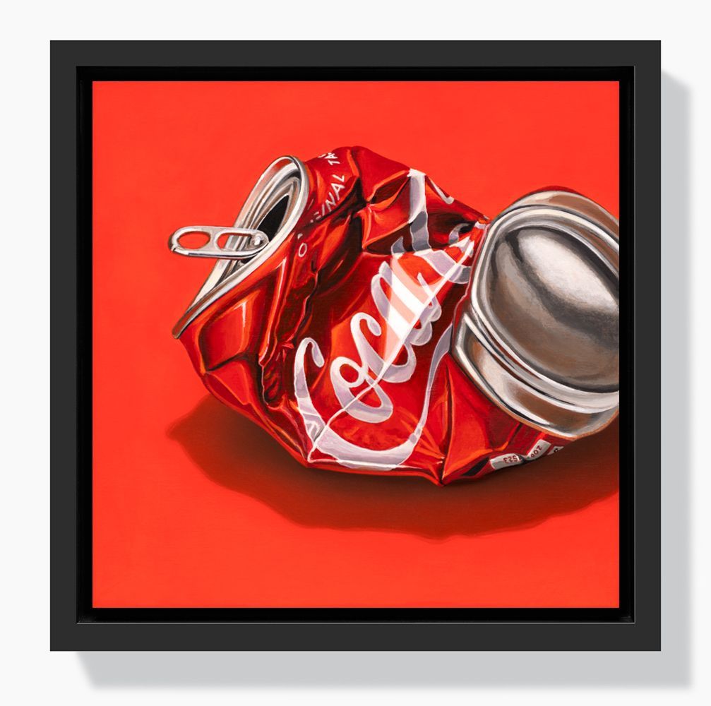 inquire for availability Framed painting of CocaCola can on orange background.