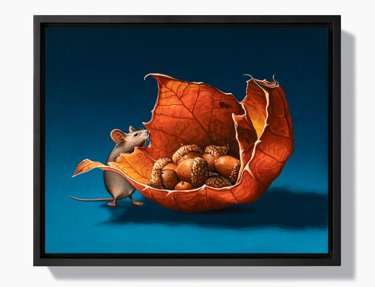 Mouse looking in a his stash of acorns nestled in a curled leaf on blue background