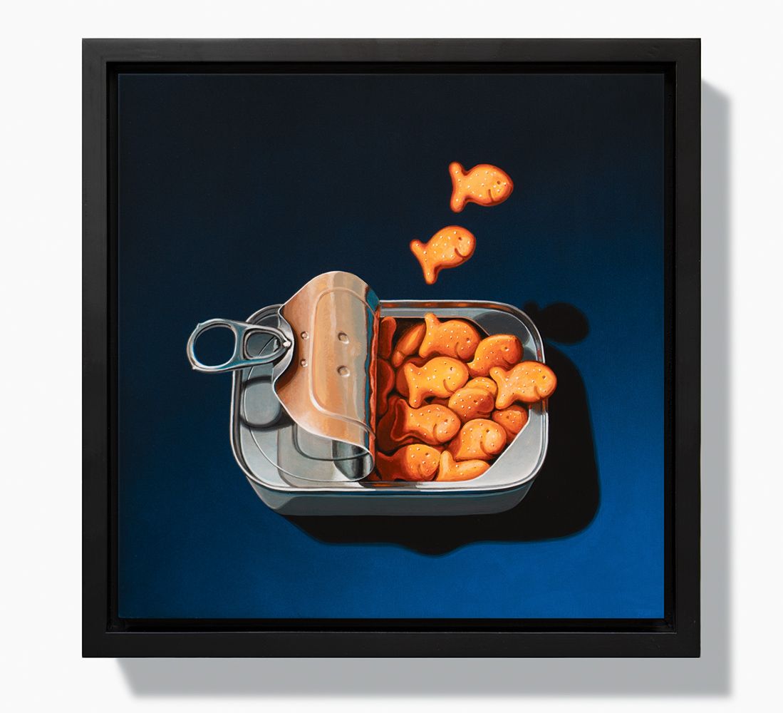 Contemporary Realism Painting of goldfish crackers escaping sardines can on blue background
