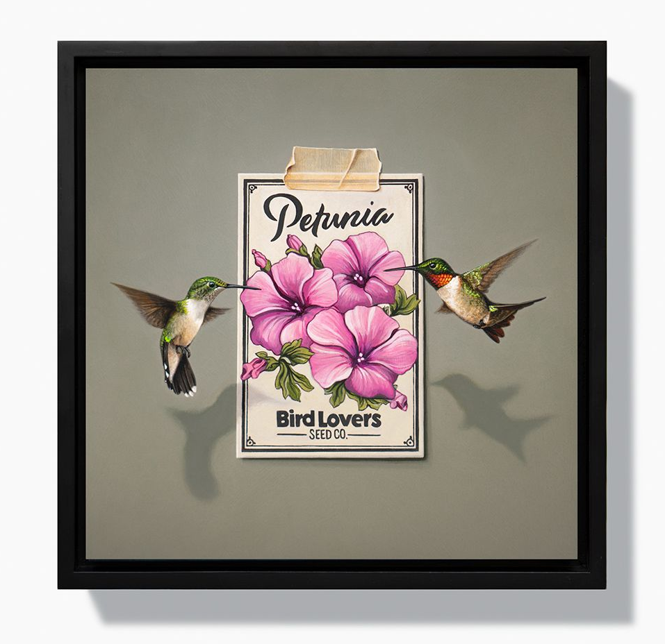 inquire for availability Painting of a Petunia seed packet taped to the wall with two Ruby-throated hummingbirds hovering in anticipation.