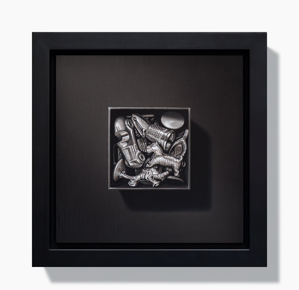Contemporary Realism Painting of box with Monopoly players; race car, dog, thimble, iron, top hat etc... framed on wall