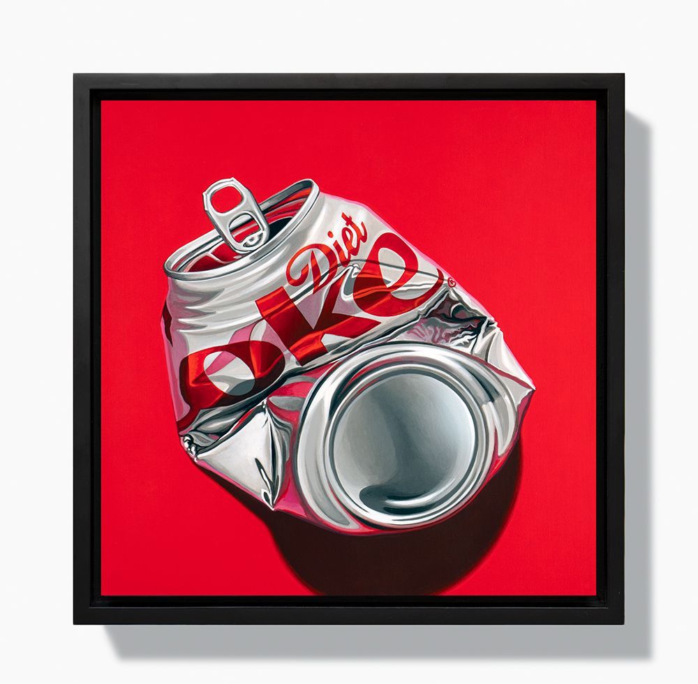Painting of crumpled Diet Coke can on red background.