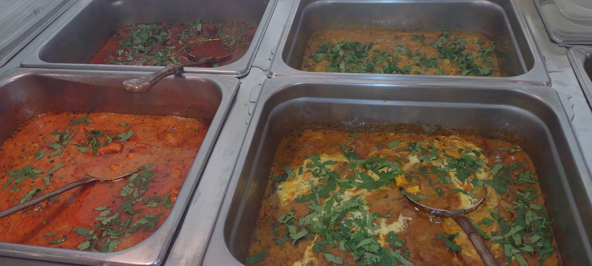 Various dishes of curry in stainless steel containers, topped with cilantro.