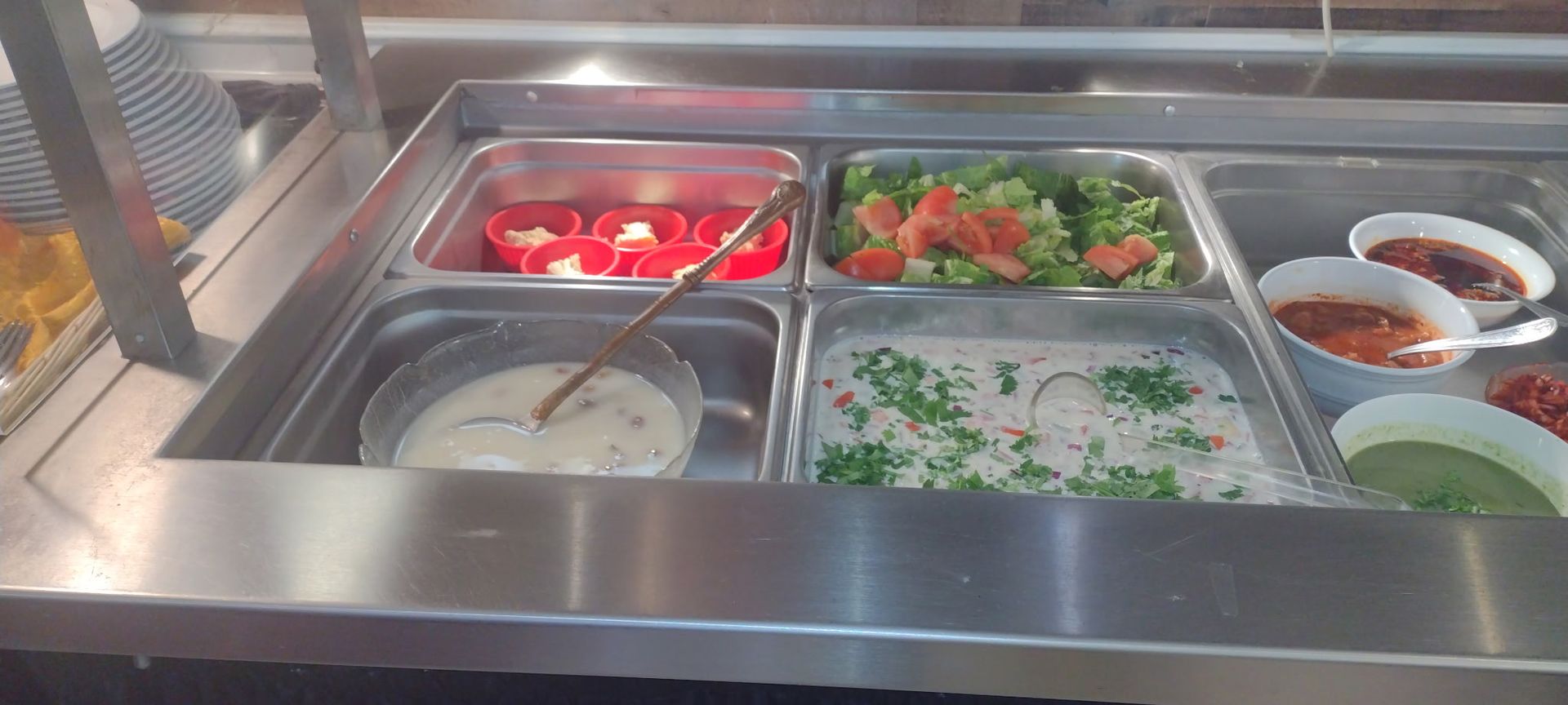 A buffet display with several trays of food: hummus, tomatoes, salads, and sauces.