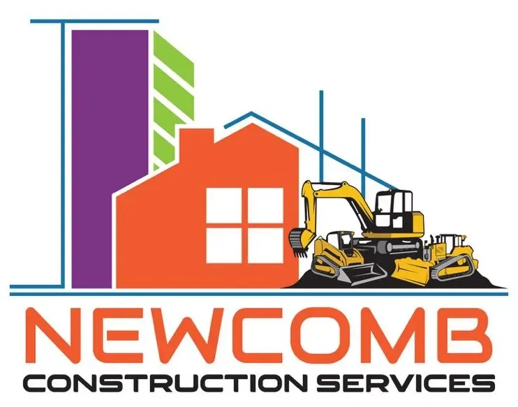 Construction logo with orange house outline, machinery, and "NEWCOMB CONSTRUCTION SERVICES" text.