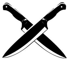 Two crossed knives with black handles on a white background.
