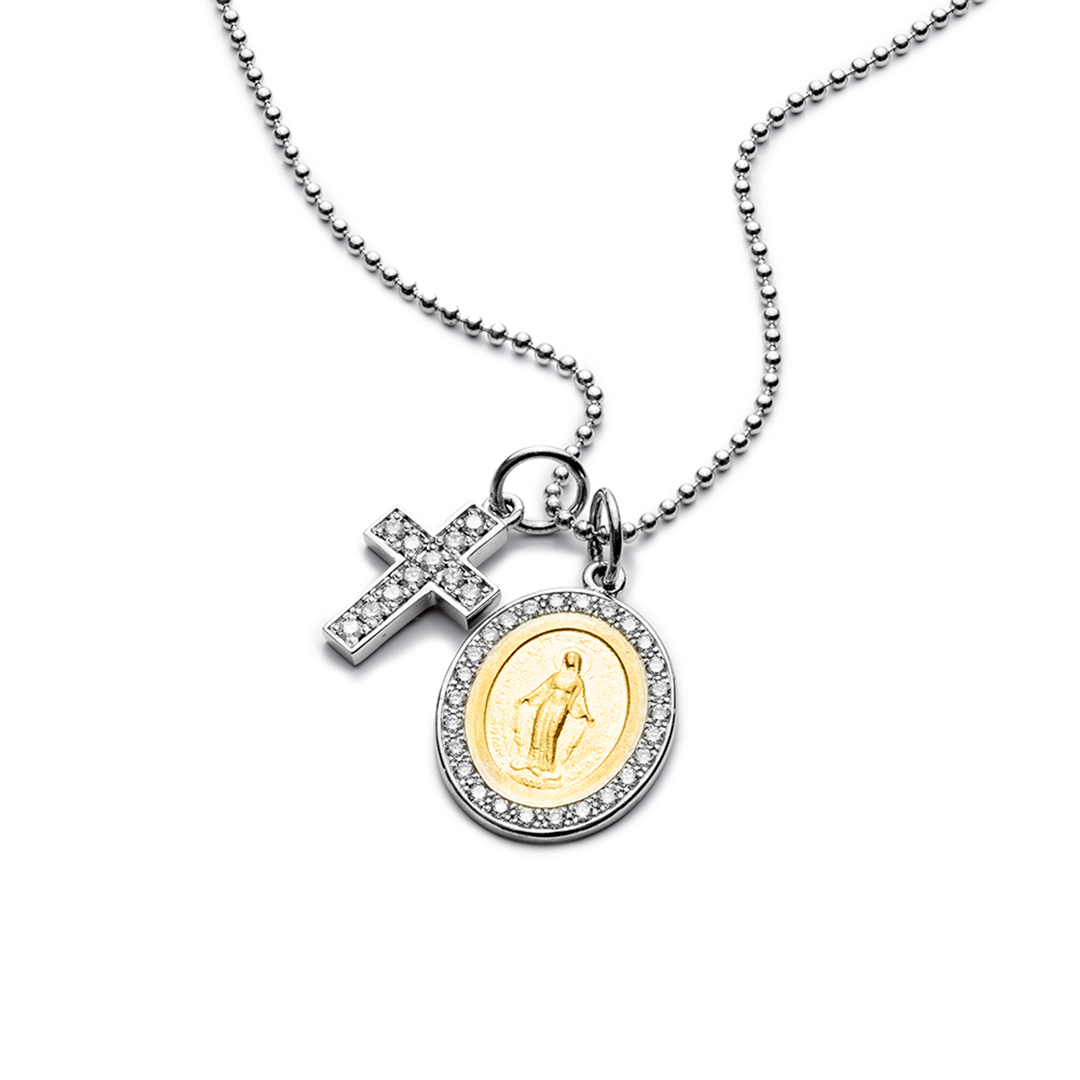 eine Halskette mit einem Kreuz und einem Medaillon an einer Kette.