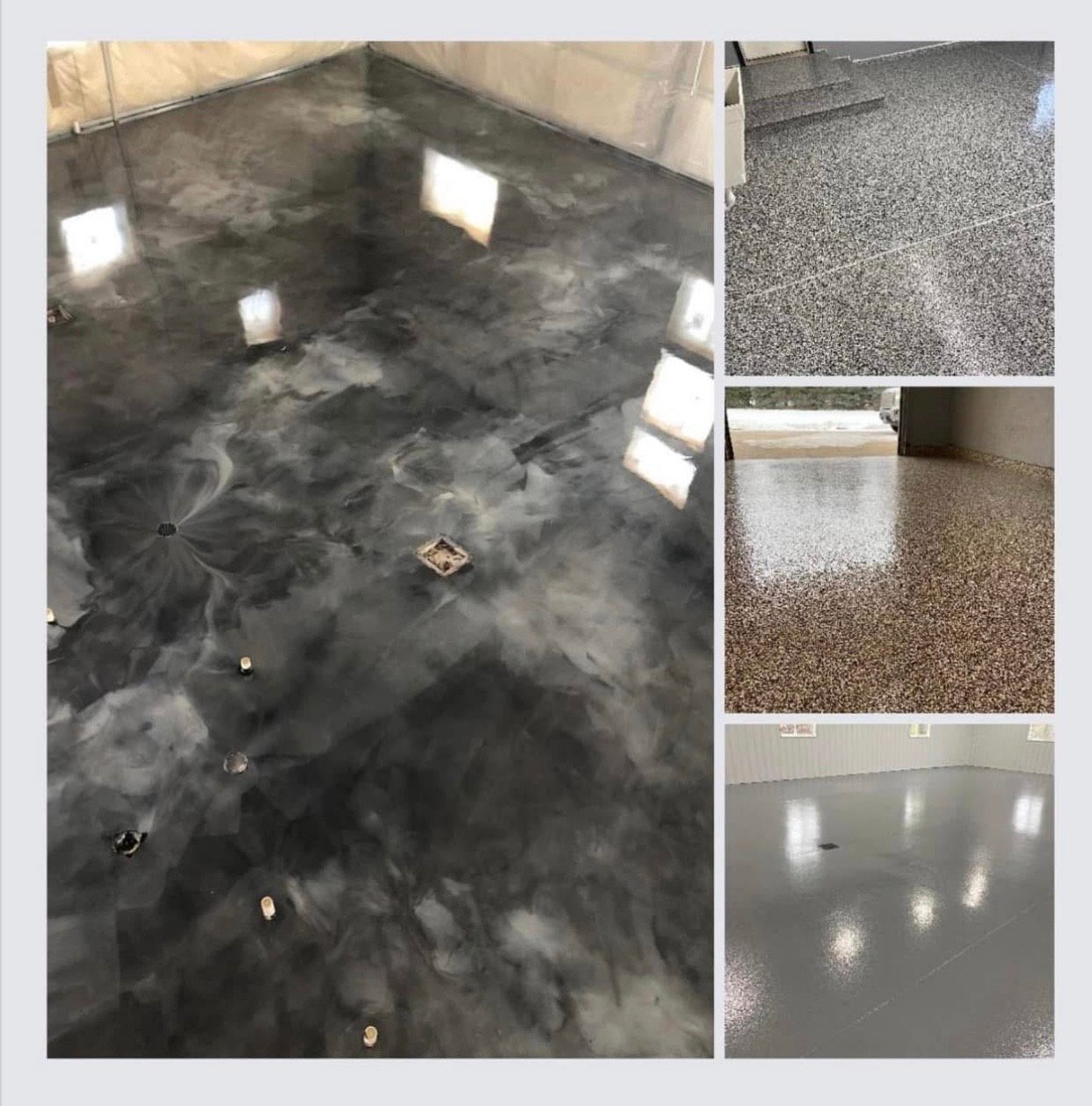 photo collage of different concrete coating finshes