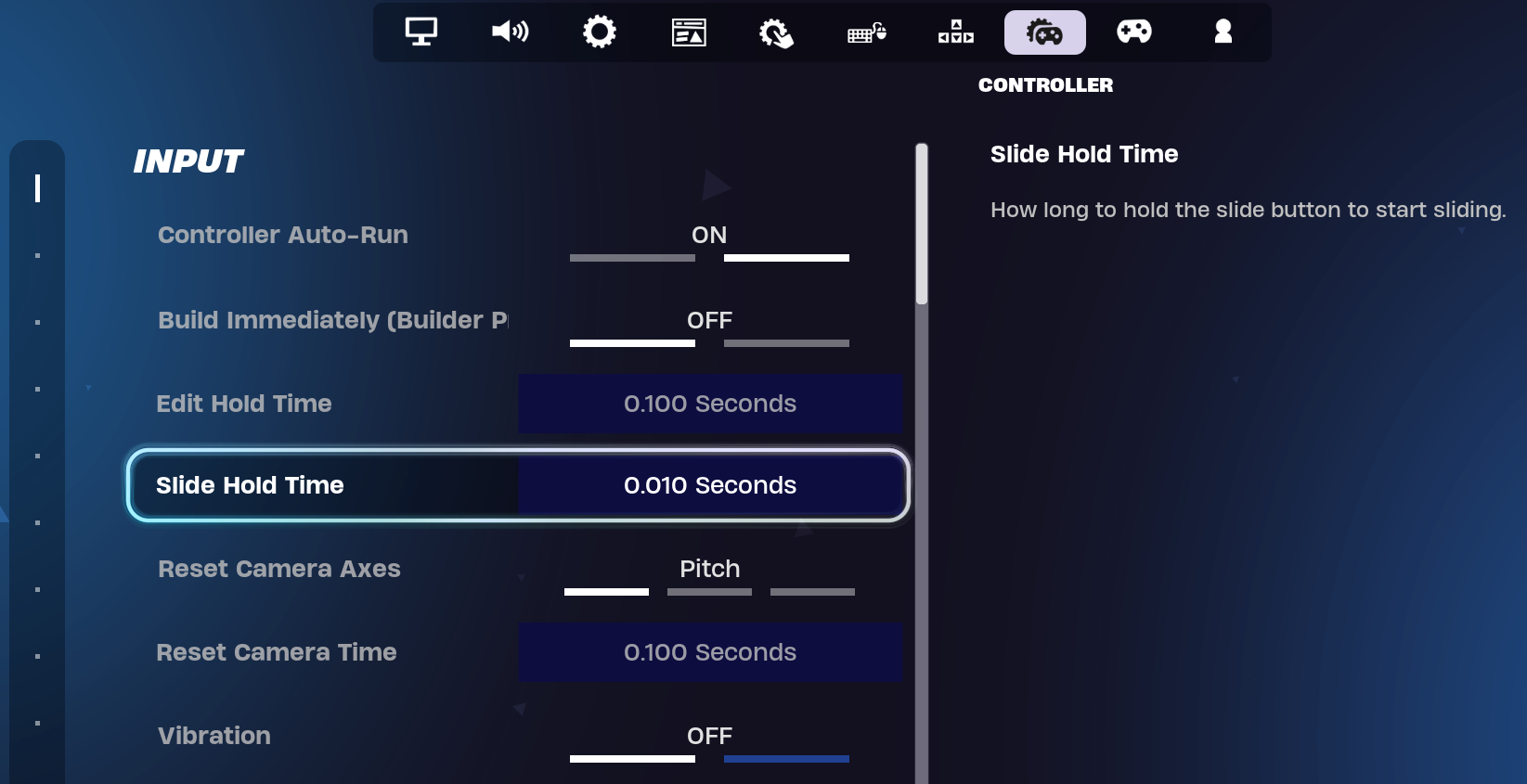 Fortnite settings: slide hold time setting
