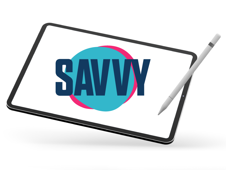 A tablet with the word savvy on it and a pen.