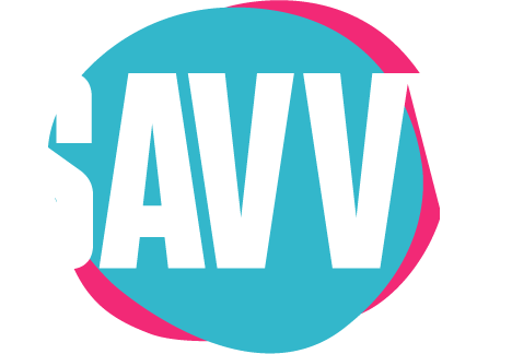 The logo for savv is a blue and pink circle.