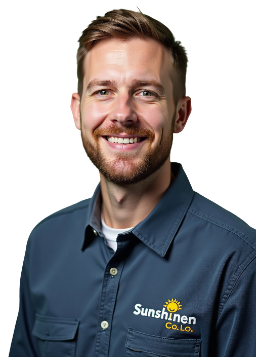 A man with a beard is wearing a blue shirt and smiling.