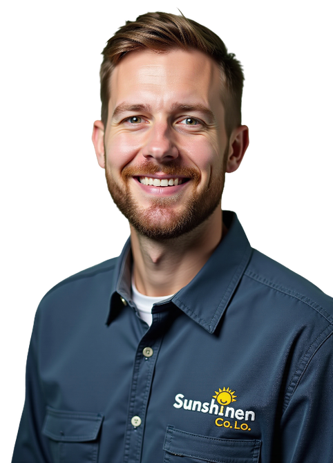 A man with a beard is wearing a blue shirt and smiling.