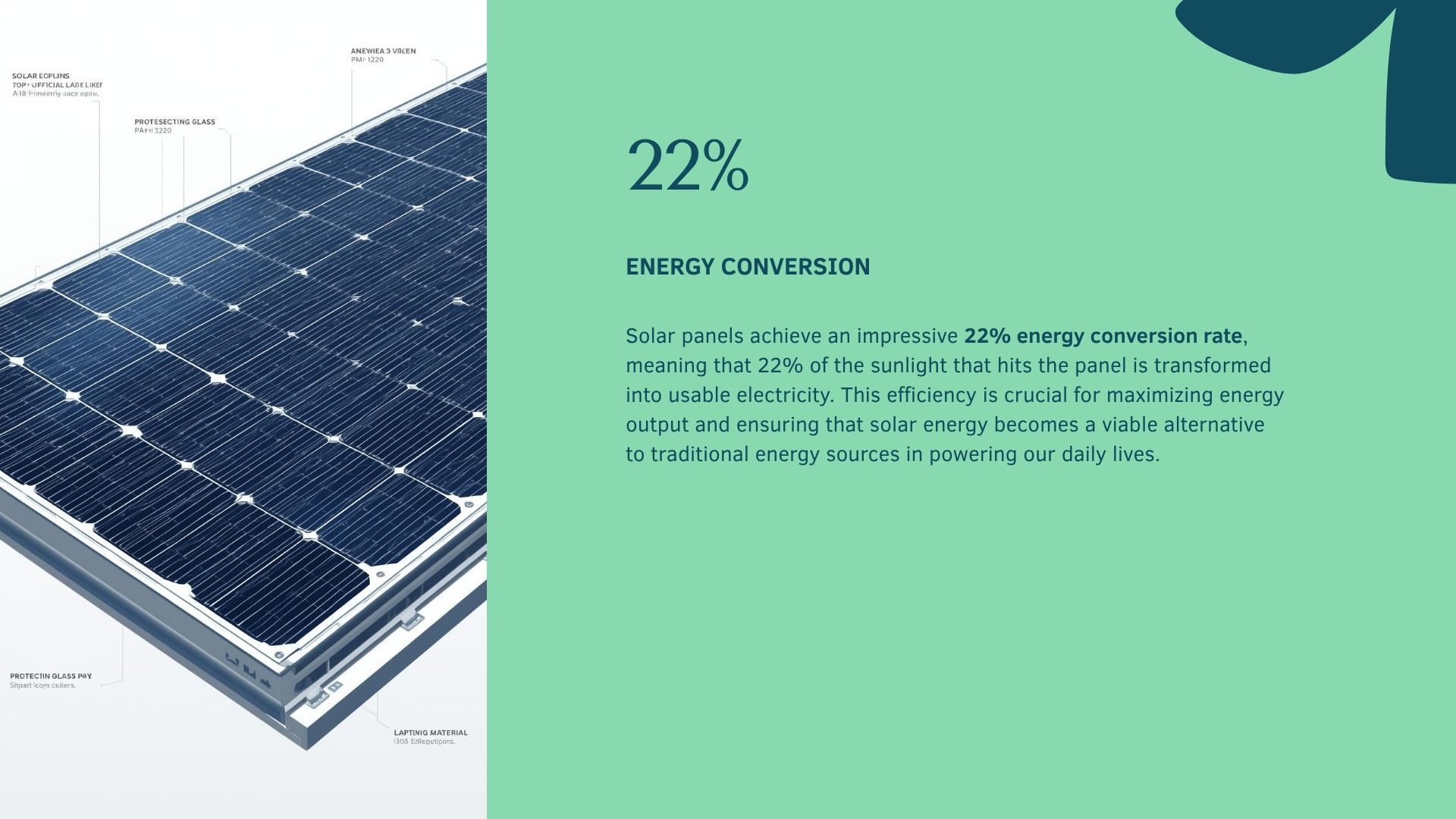 Solar panel with 22% energy conversion rate, shown with text overlay on a green background.