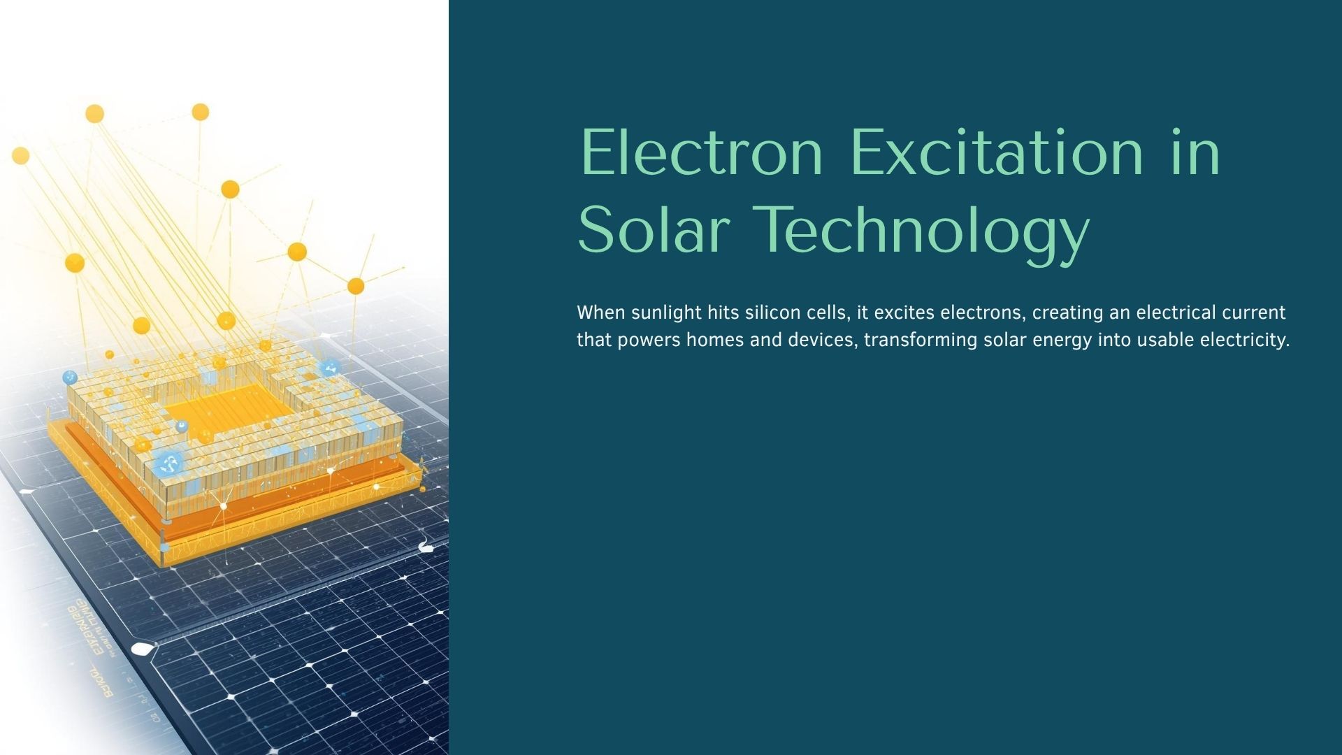 Solar panel graphic with a chip being struck by light beams, titled “Electron Excitation in Solar Technology.”