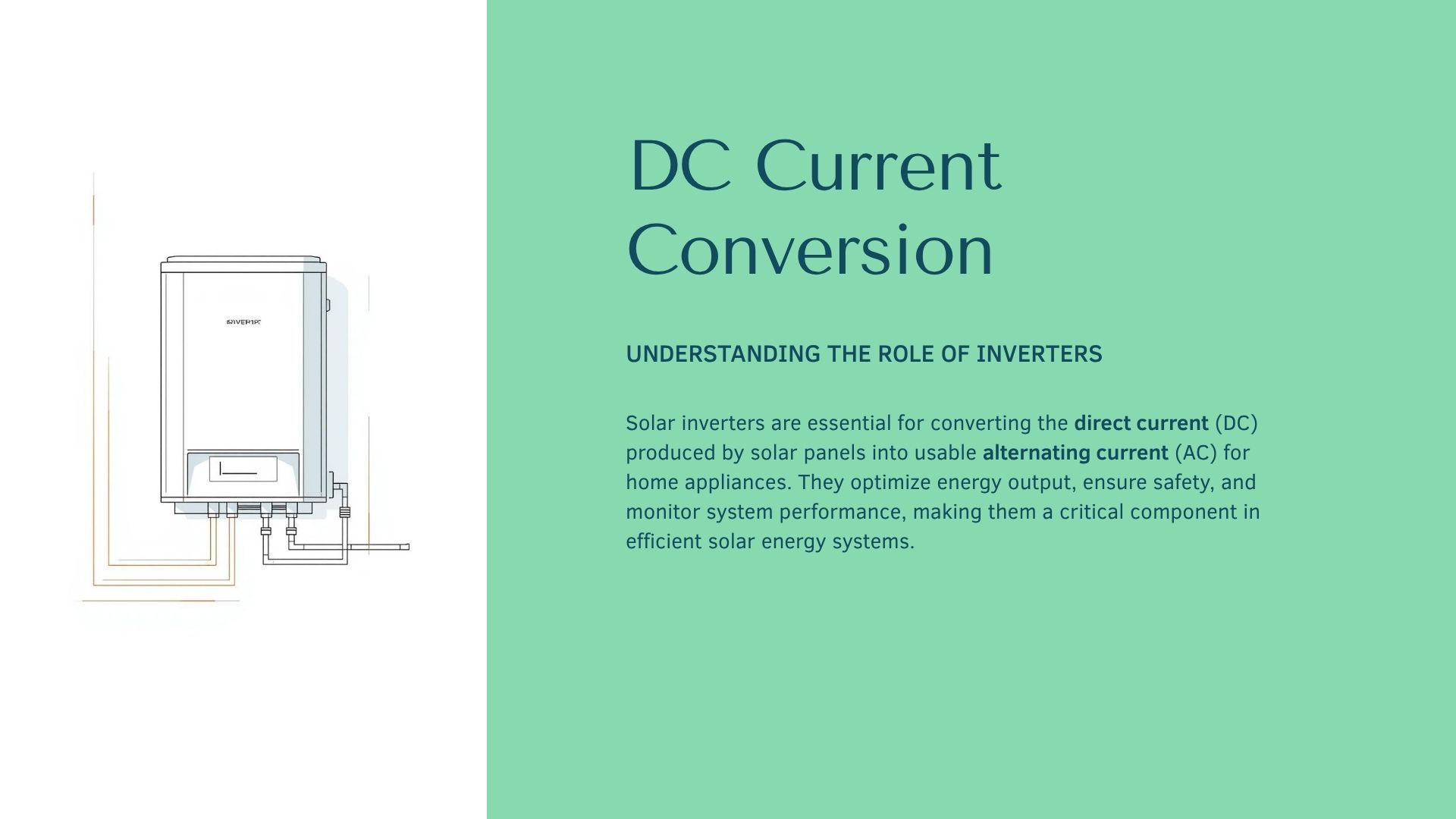 Diagram showing DC current conversion, includes a device and text describing the process.