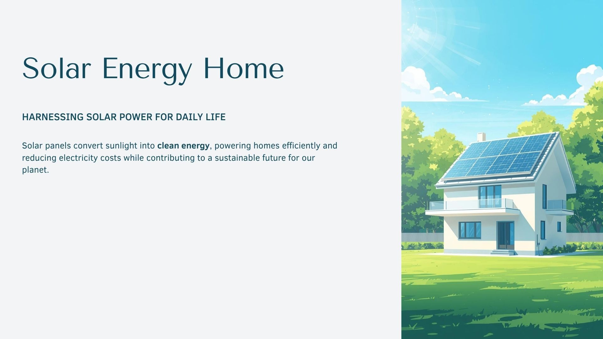 Solar-powered house with solar panels on the roof, sunny day, green grass, trees, and blue sky.