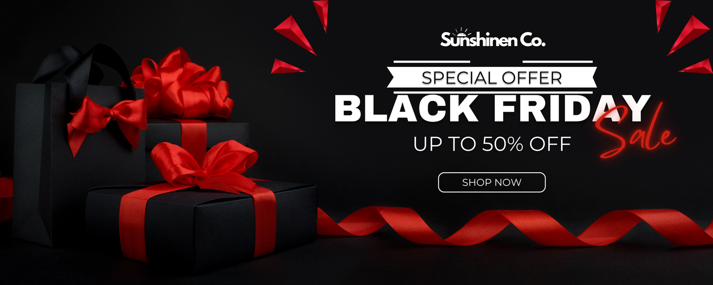 Black Friday sale ad with wrapped gifts and red ribbon on a black background.