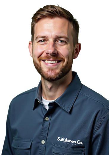 Smiling man wearing a blue shirt with a company logo; white background.