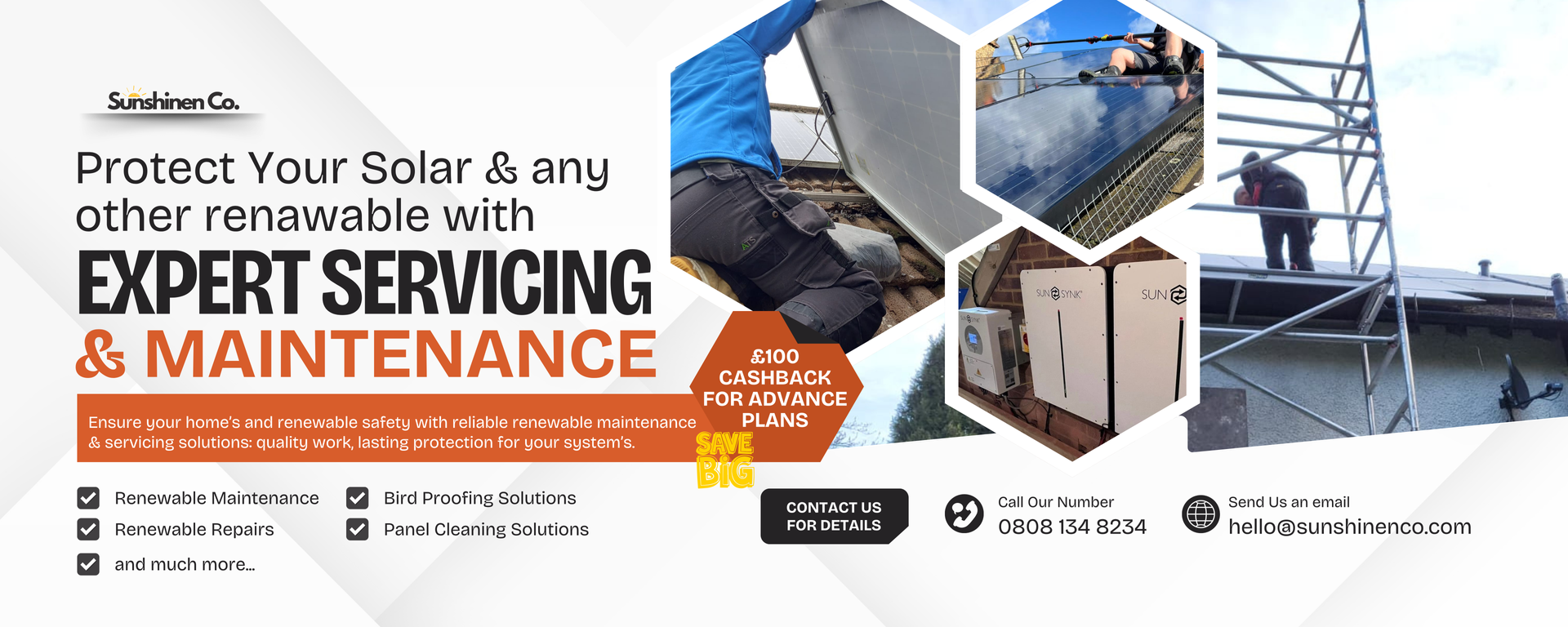 Banner ad for solar panel maintenance, with pictures of workers and equipment.