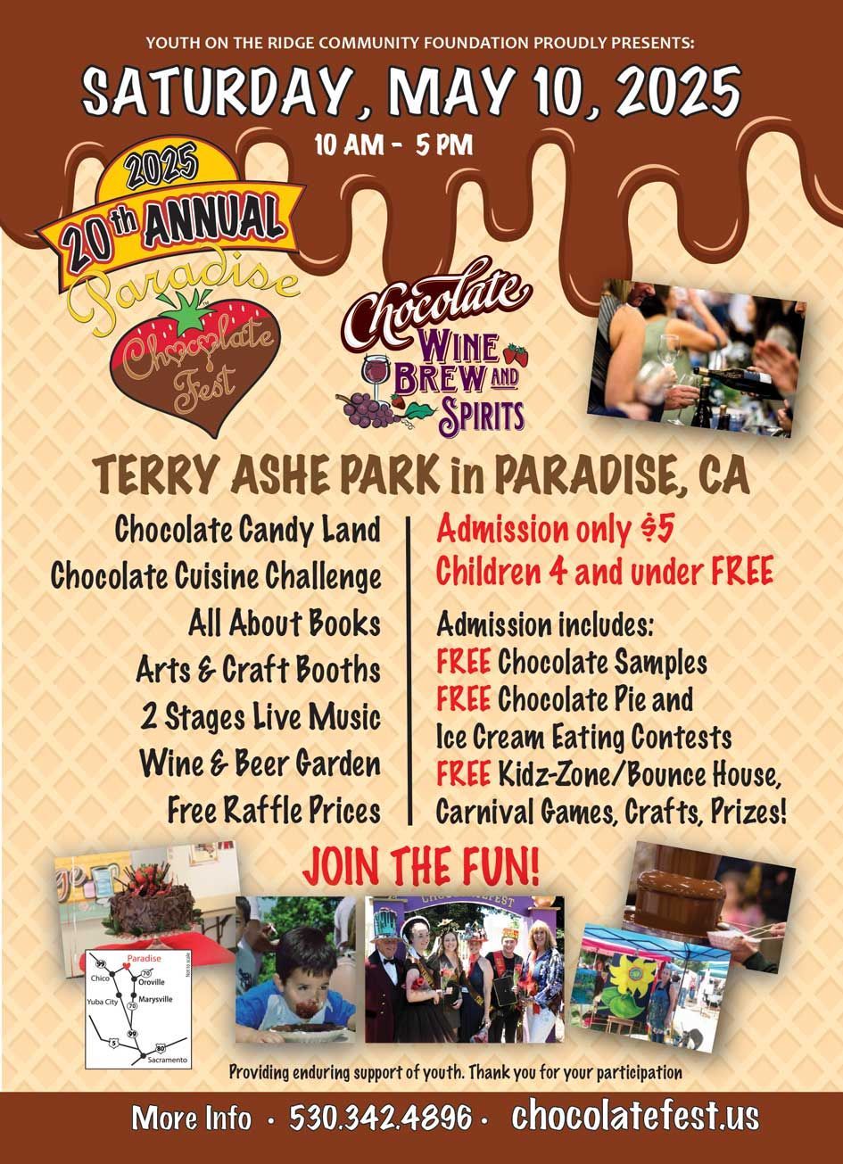 Event flyer for the 27th Annual Paradise Chocolate Fest on May 10, 2025, at Terry Ashe Park, Paradise, CA.