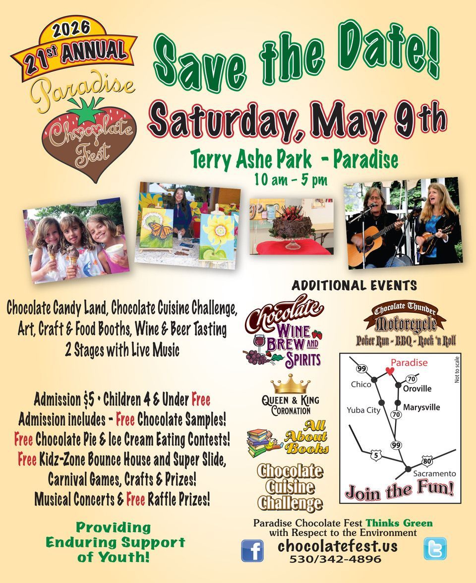 Event flyer for the 2020 Paradise Chocolate Fest on May 9th at Terry Ashe Park, featuring activities and contact details.