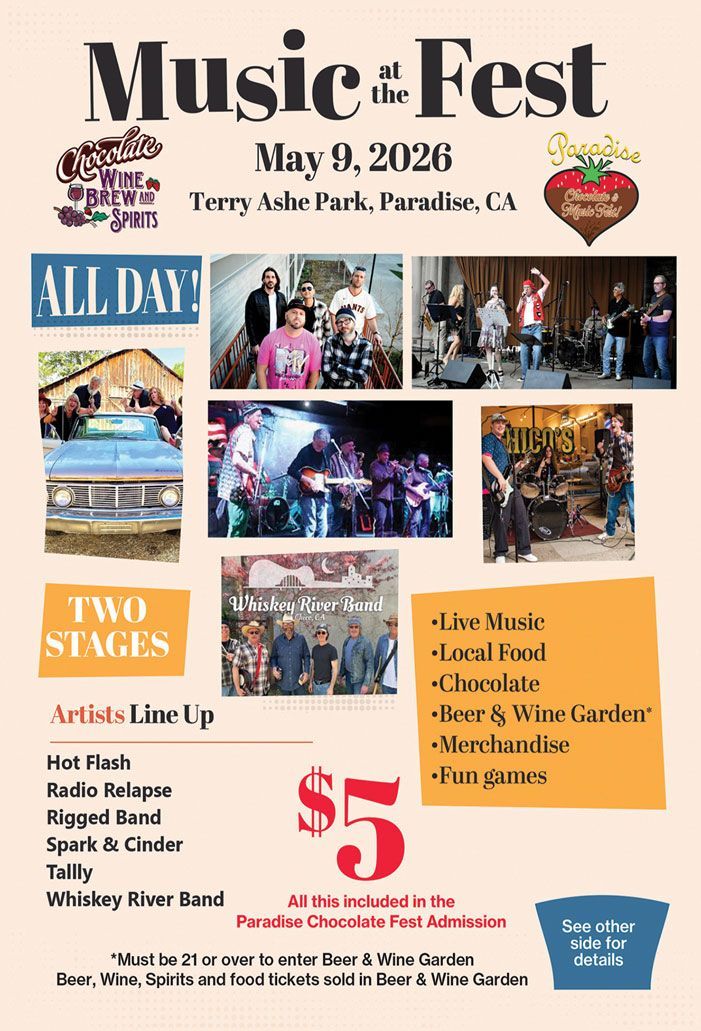 Event flyer for Music at the Fest on May 9, 2026, in Paradise, CA, featuring bands, local food, and a $5 entry fee.