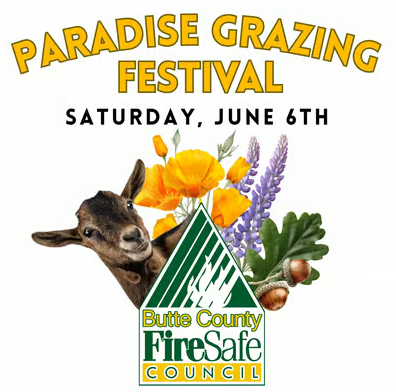 Paradise Grazing Festival event flyer on June 6th, featuring a goat, wildflowers, and the Butte County FireSafe Council logo.