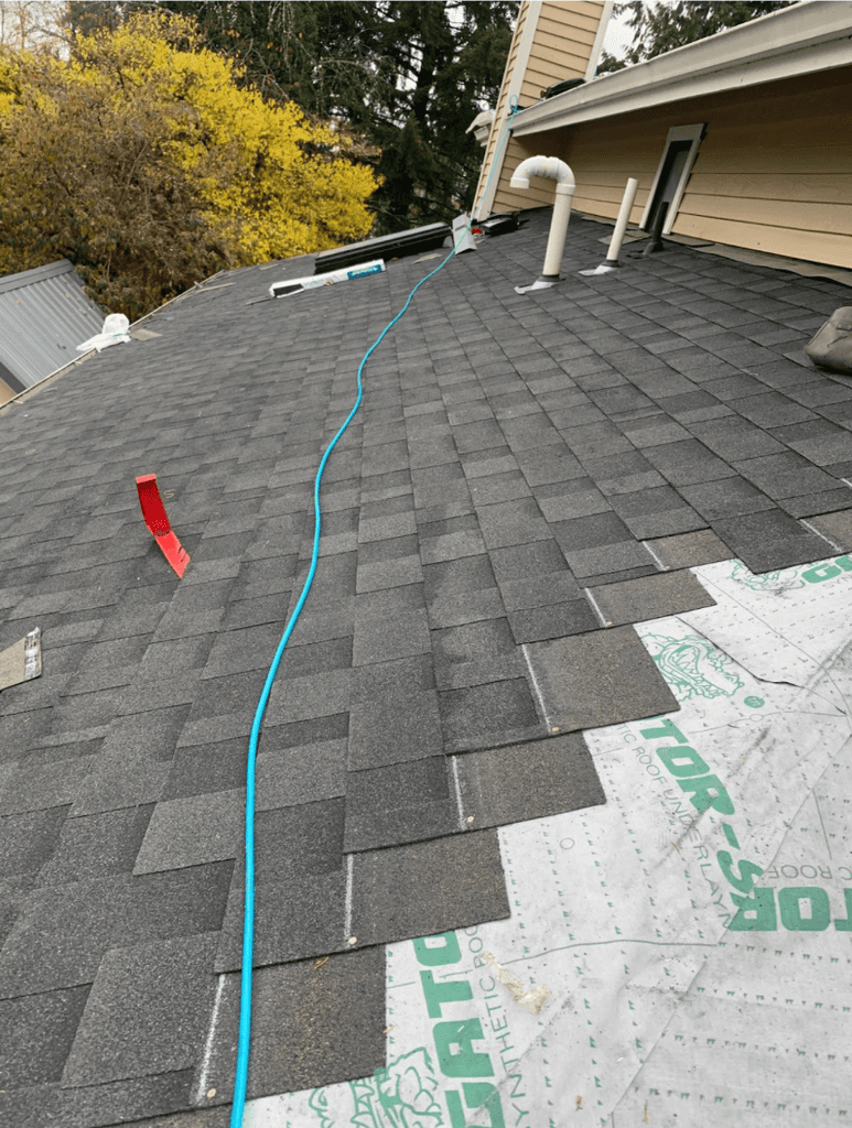 Roof shingles being installed; a blue hose snakes across the partially shingled roof. 