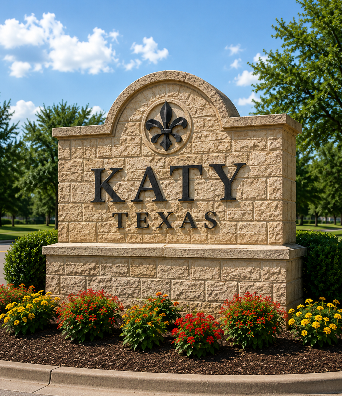 Katy, Texas stone city sign with flowers and blue sky