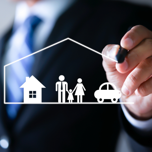 Hand drawing a house outline with family and car icons inside, symbolizing home insurance