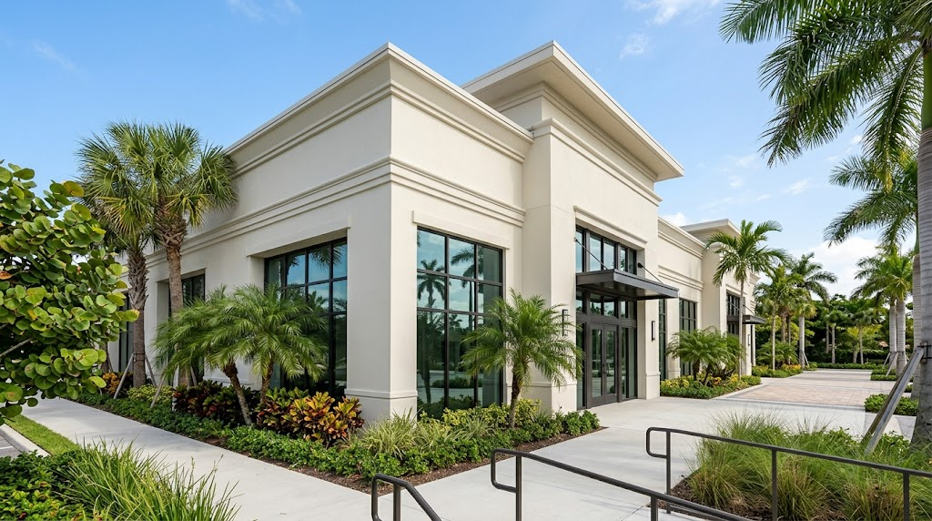 Modern cream-colored building with large windows, palm trees, and landscaped walkway under a bright blue sky