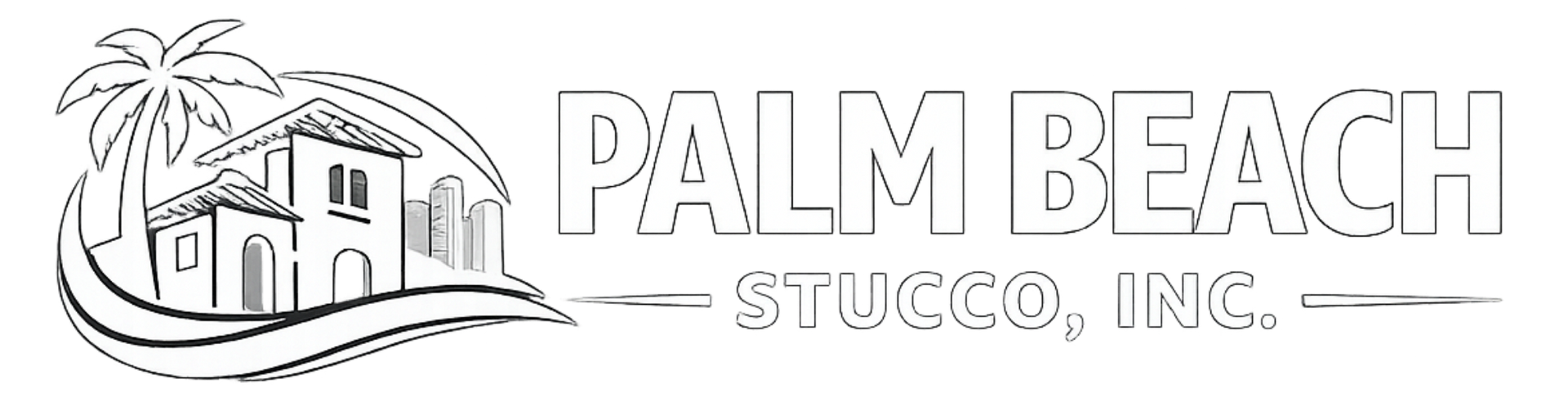 Palm Beach Stucco, Inc. logo with palm tree and house illustration
