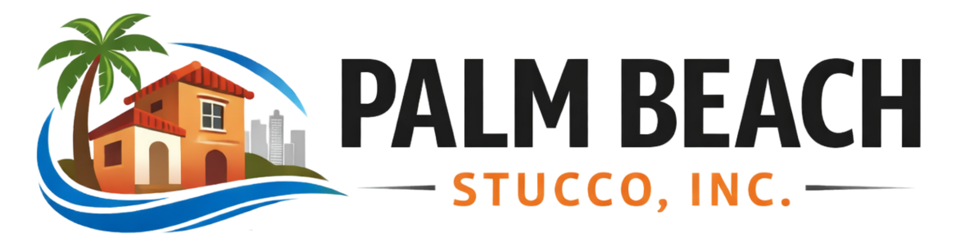 Palm Beach Stucco, Inc. logo with a house, palm tree, and blue wave graphic